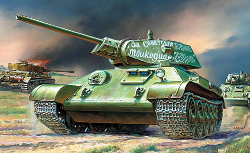 green battle tank painting, attack, figure, art, tank, A IV, tanks, German, average, burning, T-34-76, Soviet, The great Patriotic war, HD wallpaper HD wallpaper