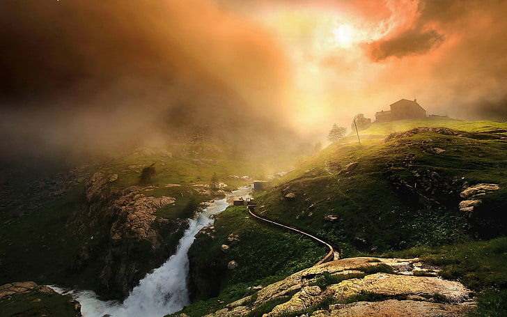 Wasserfall am Berg, Natur, Landschaft, Italien, Fluss, Berge, Nebel, Kabine, Alpen, HD-Hintergrundbild