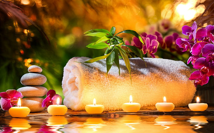 Spa stones, candles, Spa stones, candles, flowers, orchids, s, HD wallpaper