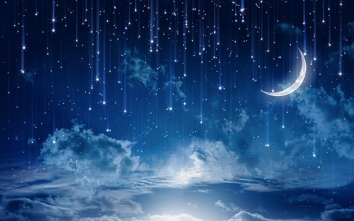 white crescent moon illustration, clouds, falling-stars, landscape, moon, moonlight, nature, night, rain, sky, HD wallpaper