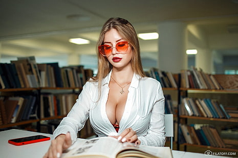  chest, girl, books, glasses, library, Dmitry Filatov, reader, HD wallpaper HD wallpaper