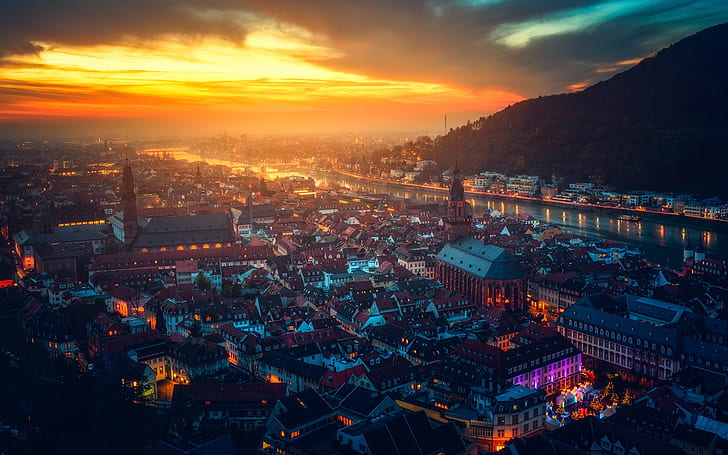Castillo de Heidelberg, Alemania, hermosa noche de la ciudad, casas, río, luces, puesta de sol, Heidelberg, Castillo, Alemania, Hermosa, Ciudad, Noche, Casas, Río, Luces, Puesta de sol, Fondo de pantalla HD