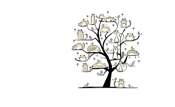 black and brown tree illustration, cat, tree, spring, art, March, HD wallpaper