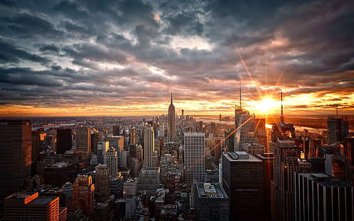 Manhattan, New York, USA, skyskrapor, gryning, soluppgång, Manhattan, New, York, USA, Skyskrapor, Dawn, Sunrise, HD tapet HD wallpaper