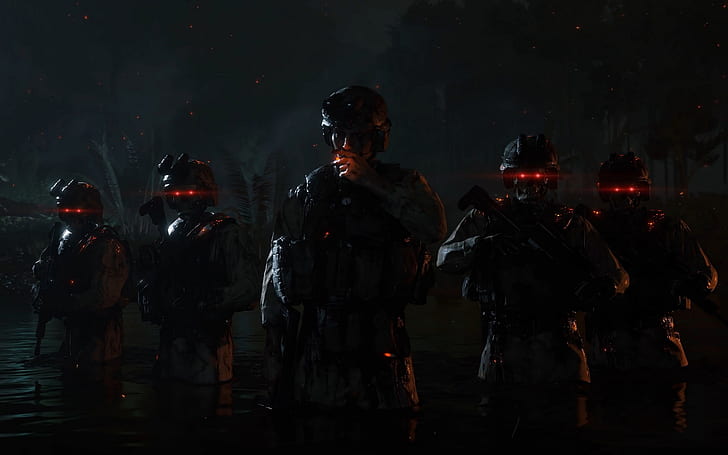 Death Stranding, videogame, soldado, arma, rifles, olhos vermelhos, escuro, HD papel de parede
