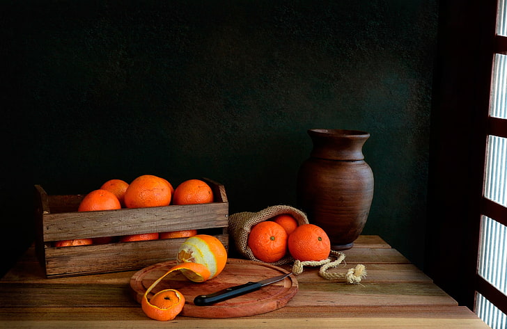 oranges, knife, pitcher, vitamins, peel, healthy food, HD wallpaper