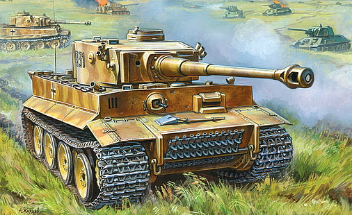 илюстрация на кафяв танк, поле, битка, изкуство, танкове, Великата отечествена война, немски, тежък, Panzerkampfwagen VI, Tiger I, Ausf E, T-34-76, съветски средни танкове, HD тапет HD wallpaper