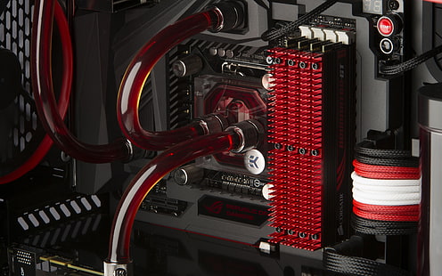 black and red system unit component, black and red computer tower, ASUS, Republic of Gamers, PC gaming, computer, motherboards, technology, hardware, water cooling, modding, Cable, PCB, SLi, RAM (Computing), HD wallpaper HD wallpaper