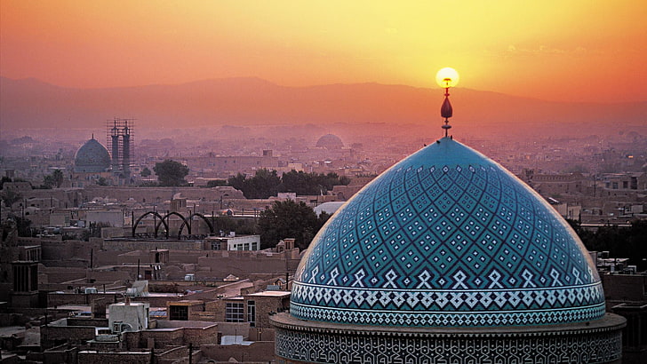 Yazd, Irán, Islam, Irán, puesta de sol, arquitectura islámica, mezquita, Fondo de pantalla HD