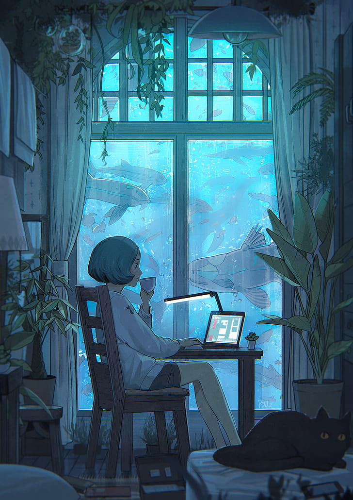 аниме, аниме девушки, ноутбук, сидит, чашка, интерьер, рыба, стул, кот, HD обои, телефон обои