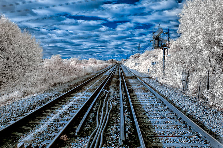 architectural photo of railroad during blue cloudy day, Level Crossing, Re-edit, architectural, photo, blue, cloudy, day, Train, Railroad, Railway  Tracks, Infrared, IR, Clouds, Cloudscape, railroad Track, transportation, travel, HD wallpaper