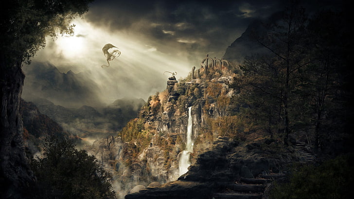 산 디지털 벽지, The Elder Scrolls V : Skyrim, 비디오 게임, 판타지 아트 근처에서 비행하는 용, HD 배경 화면