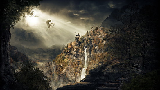 มังกรบินใกล้วอลล์เปเปอร์ดิจิทัลภูเขา The Elder Scrolls V: Skyrim วิดีโอเกมศิลปะแฟนตาซี, วอลล์เปเปอร์ HD HD wallpaper