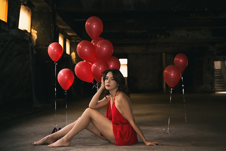 Азиатка, женщины, ножки, красные, воздушный шар, босиком, HD обои