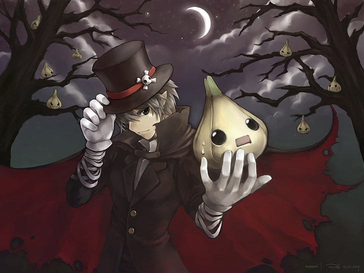 gray haired male anime character, guy, hat, being, bow, moon, forest, night, HD wallpaper