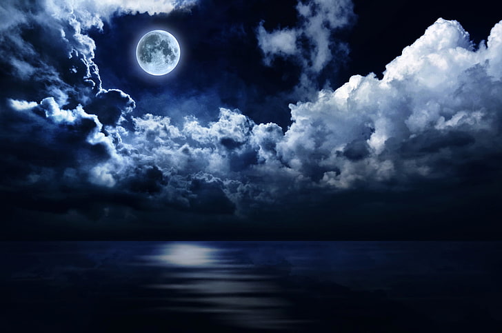 خلفية القمر والسحب ، البحر ، السماء ، السحب ، الليل ، القمر ، الأفق، خلفية HD