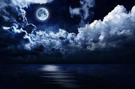 луна и облаци тапет, море, небе, облаци, нощ, луна, хоризонт, HD тапет HD wallpaper