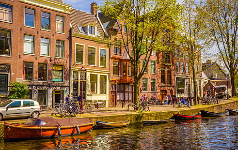 flod, vår, båtar, Amsterdam, gamla, byggnader, Nederländerna, båt, kanal, HD tapet HD wallpaper
