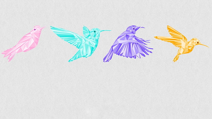 quattro rosa, verde acqua, viola e giallo illustrazione di uccelli, uccelli, astratto, colibrì, Sfondo HD