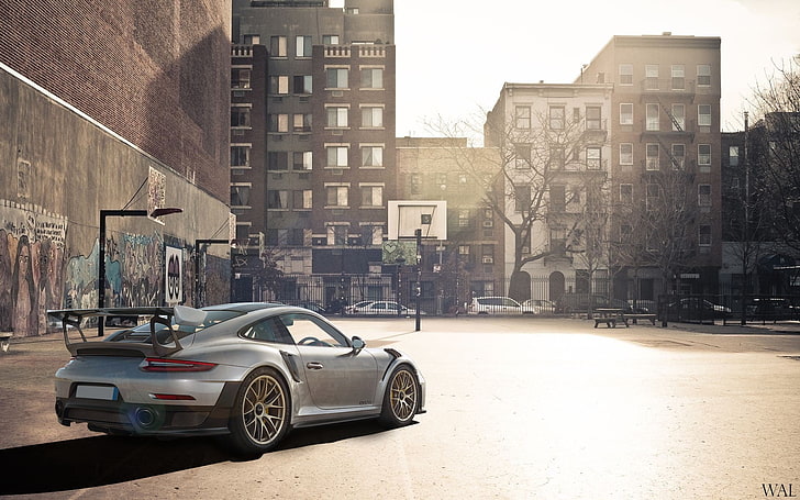coupé gris, Porsche, Porsche 911, GT2RS, autos de carrera, autos deportivos, cancha de baloncesto, Fondo de pantalla HD