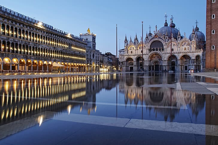 reflection, building, area, Italy, Venice, Cathedral, architecture, The Cathedral Of St. Mark, Piazza San Marco, St. Mark's Square, St Mark's Square, Procuratie, St Mark's Basilica, HD wallpaper