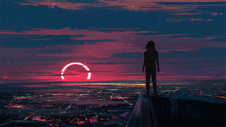 black and red wooden table, painting, digital art, drawing, sunset, Aenami, HD wallpaper