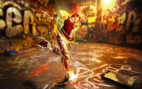 Bom dançarino de rua, homem de camiseta vermelha dançando na sala cheia de fotos de graffiti, dançarina, luzes, fundo, esporte, HD papel de parede HD wallpaper