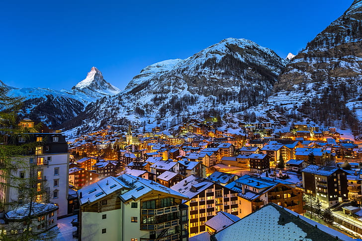 staden, berget, Europa, Alperna, Zermatt, schweiziska, Matterhorn, HD tapet