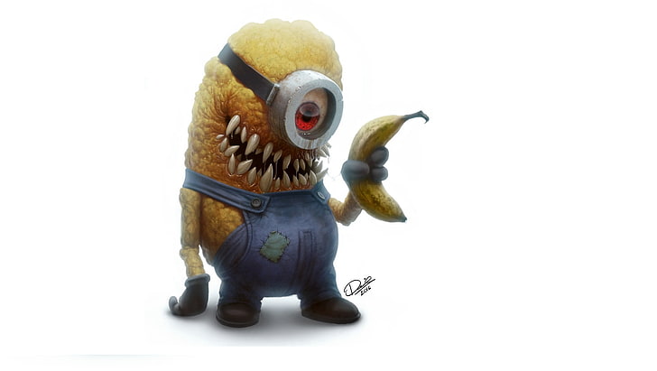 Minions tenant banane, regard, dessin animé, monstre, dents, zombies, banane, Minion, Fond d'écran HD