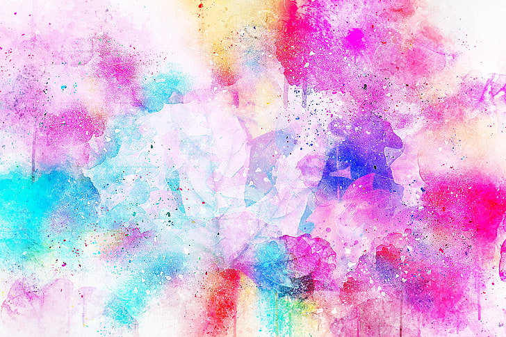 pink, blue, and yellow abstract painting, watercolor, spots, bright, pink, HD wallpaper