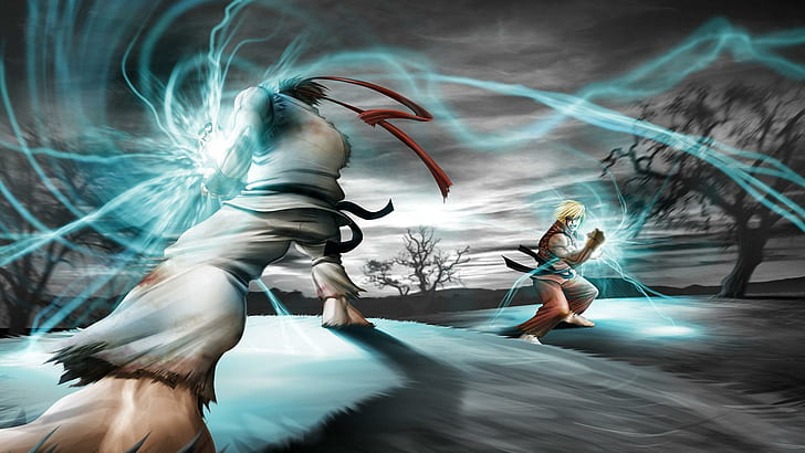 Ryu vs Ken Masters - Street Fighter, ryo y ken shoryuken, pintura técnica, juegos, 1920x1080, street fighter, ken masters, Fondo de pantalla HD
