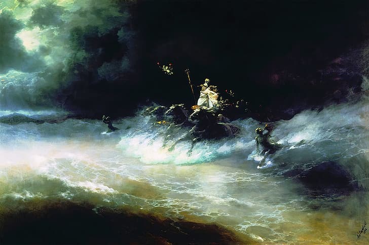 Perjalanan Poseidon melalui Laut, Ivan Aivazovski, mitologi Yunani, Poseidon, kuda, lukisan, seni klasik, Wallpaper HD