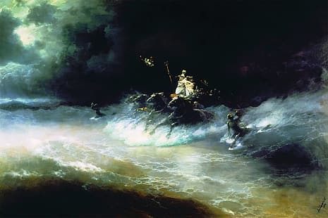 Voyage de Poséidon par mer, Ivan Aivazovski, mythologie grecque, Poséidon, cheval, peinture, art classique, Fond d'écran HD HD wallpaper