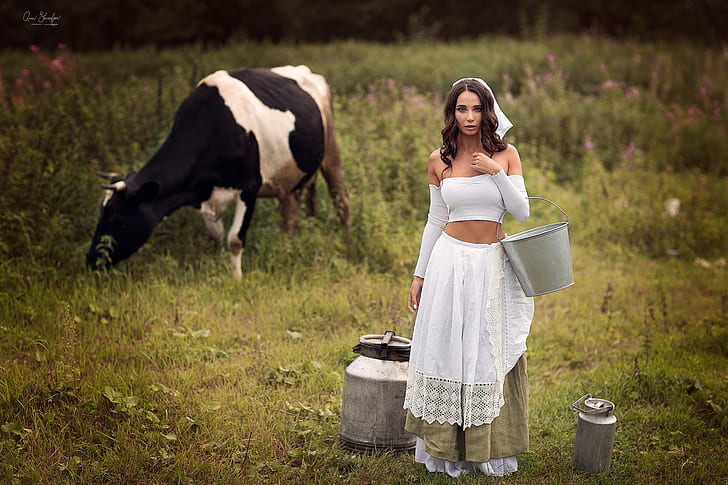 girl, cow, meadow, bucket, cans, milkmaid, Anna Shuvalova, HD wallpaper