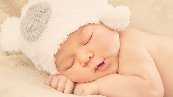 белая и серая шапочка ребенка, малыш, спит, крупным планом, лицо, HD обои