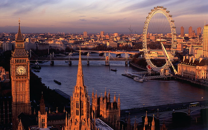 Лондонски силует, град, Лондон, Лондонско око, Биг Бен, река Темза, виенско колело, HD тапет