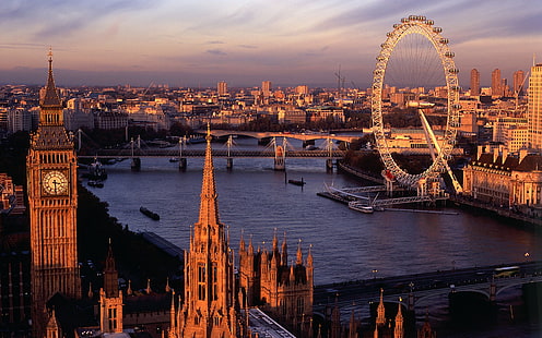 Лондонский горизонт, город, Лондон, Лондонский глаз, Биг Бен, река Темза, колесо обозрения, HD обои HD wallpaper