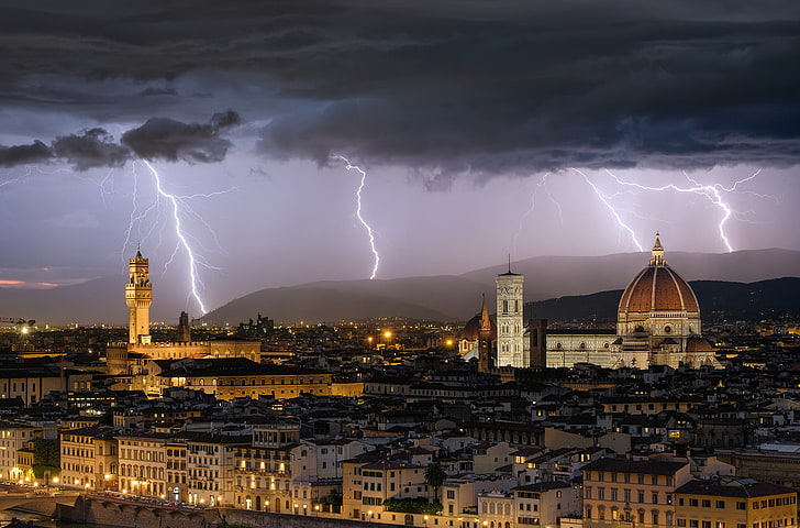 градски пейзаж, буря, Флоренция, Италия, HD тапет