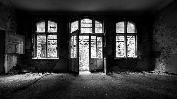 черно-белое фото полупрозрачной двери с 4 панелями, монохромный, руины, заброшенный, HD обои