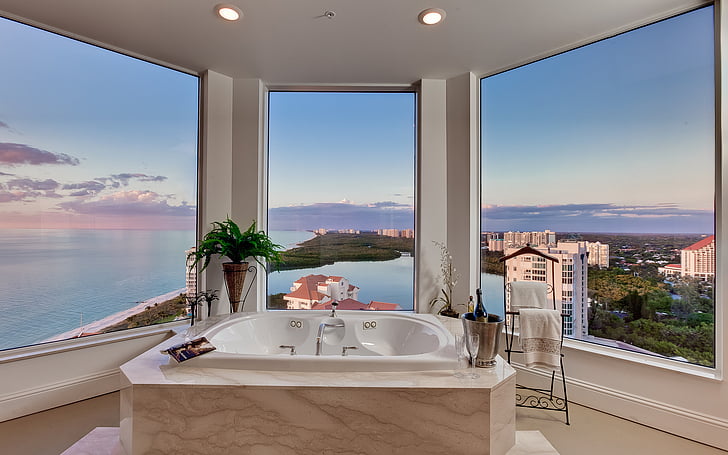 bathroom, beaches, coast, design, glass, interior, ocean, sauna, scenic, sea, shore, window, HD wallpaper