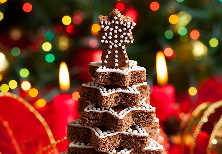 brownies, winter, lights, tree, candles, New Year, Christmas, herringbone, dessert, cakes, holidays, bokeh, HD wallpaper