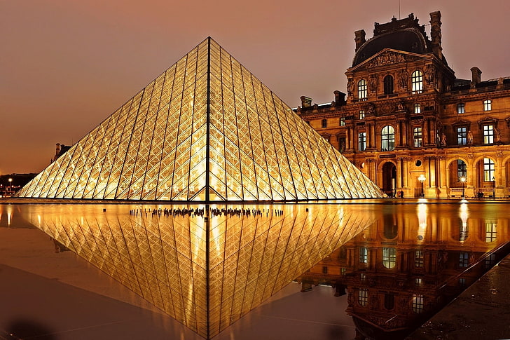 noche, exposición, Francia, histórico, punto de referencia, luces, lumbrera, monumento, museo, noche, París, pirámide, reflexión, Fondo de pantalla HD