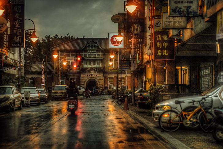 ночь, велосипед, улица, мотоцикл, Тайвань, автомобили, магазины, жизнь, фонарный столб, рестораны, дождливый, Юньлинь, HD обои