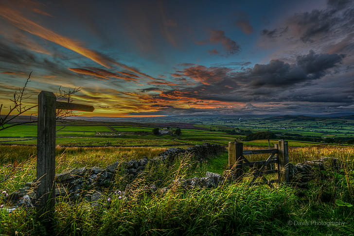 photography of green grass field under gray,orange and blue sky, Sunset, gate, photography, green grass, grass field, gray, orange and blue, Skipton, North Yorkshire, Landscape, Clouds, nature, rural Scene, grass, meadow, outdoors, fence, sky, cloud - Sky, scenics, HD wallpaper