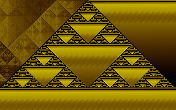ゴールドシェルピンスキー、ゴールドと黒のピラミッドの図、三角形、ゴールド、パターン、繰り返し、茶色、フラクタル、テクスチャ、シエルピンスキー、3 dおよび抽象、 HDデスクトップの壁紙
