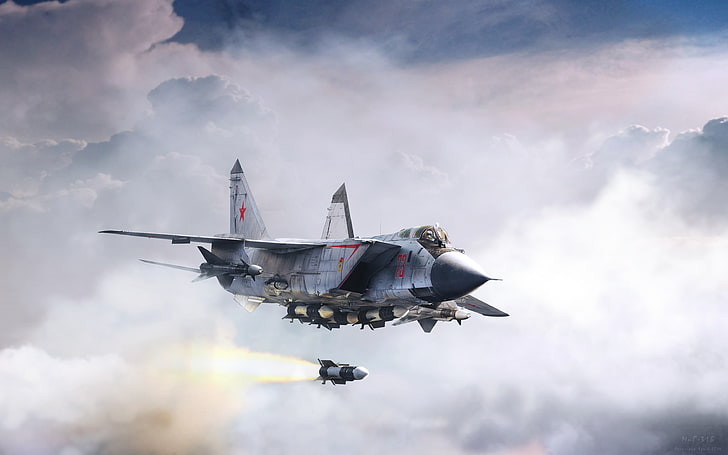 เครื่องบินรบสีเทาและสีดำเมฆเครื่องบินขับไล่บินโดย ABiator อเล็กซานเดอร์ยาร์ตเซฟ The MiG-31B สัตว์ร้ายจากตะวันออกสัตว์ร้ายจากตะวันออกจรวด R-33 MiG-31B ขีปนาวุธ R-33, วอลล์เปเปอร์ HD