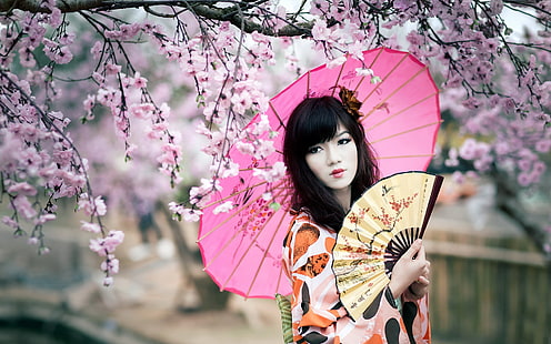 Wiśniowe kwiaty, dziewczyna kimono, parasol, wachlarz, wiśnia, kwiaty, kimono, dziewczyna, parasol, wachlarz, Tapety HD HD wallpaper