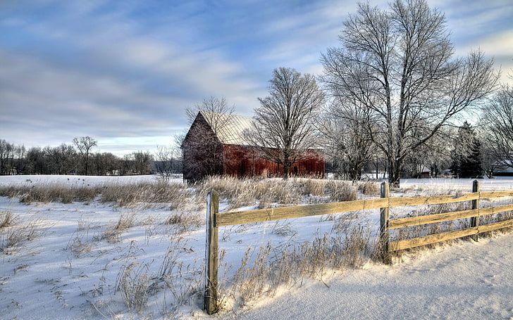 кафява и бяла бетонна къща, пейзаж, сняг, HD тапет