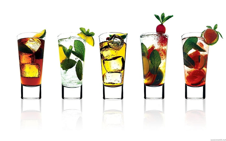 five clear drinking glasses, cocktails, fruit, drinking glass, HD wallpaper