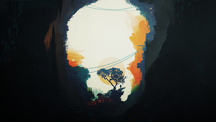 braunblättrige Baummalerei, Minimalismus, Fantasiekunst, digitale Kunst, Grafik, Bäume, Landschaft, Höhle, Sun., HD-Hintergrundbild